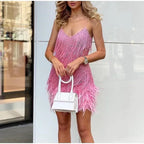 V-neck Strap Feather Stitching Dress - Viexta