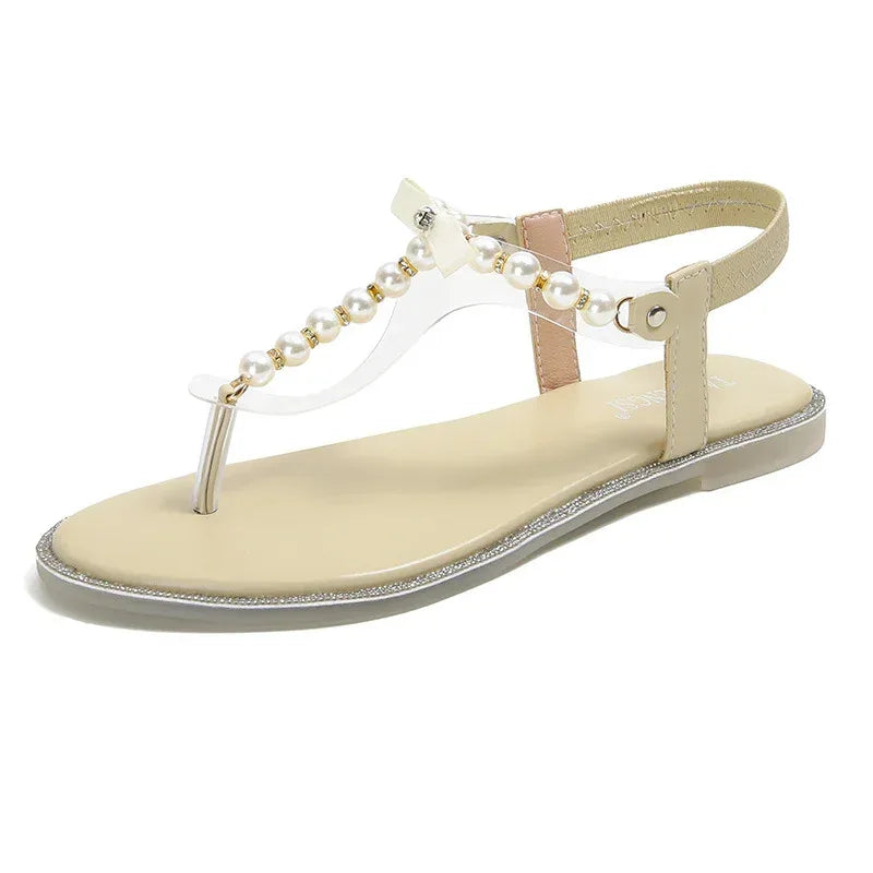 Rhinestone Flat Sandals With Pearl Toe - Viexta