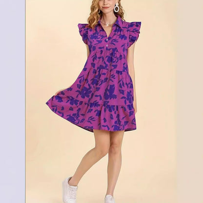 Women's V-neck Flounce Magenta Floral Dress