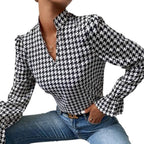 Houndstooth V-neck Long Sleeve Top - Viexta