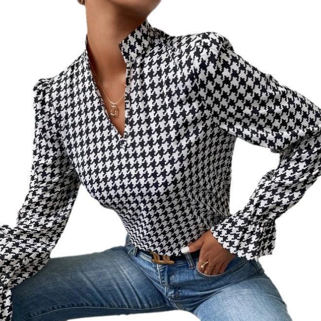 Houndstooth V-neck Long Sleeve Top - Viexta