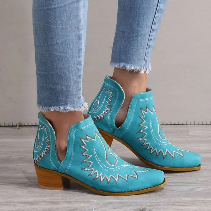 Embroidered Chunky Heel Tube Boots - Viexta