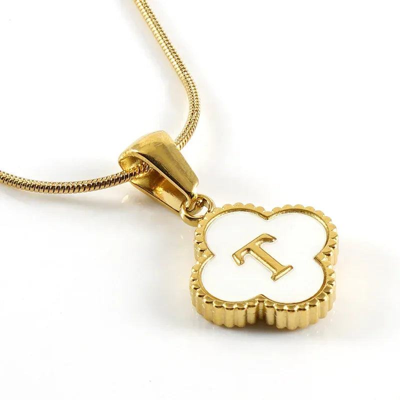 Stainless Steel Clover Shell Letter Pendant with Chain - Viexta