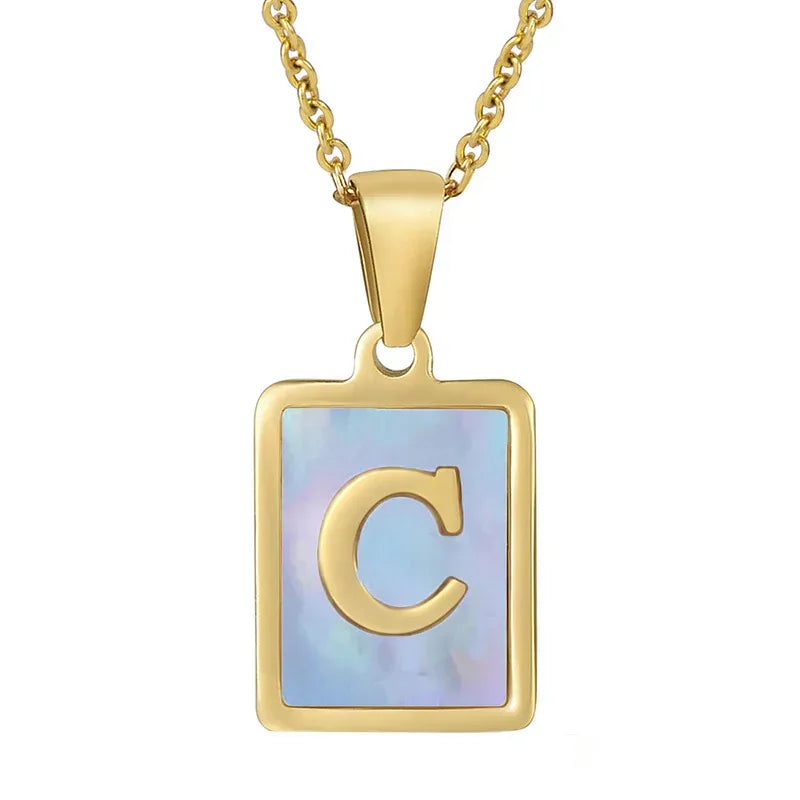 Titanium Steel 26 English Letter Blue Shell Necklace - Viexta