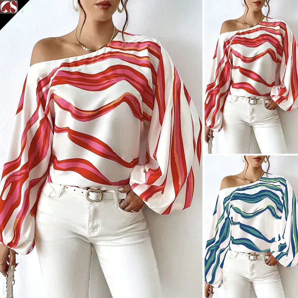Off-neck Printed Loose-fitting Women's Top - Viexta