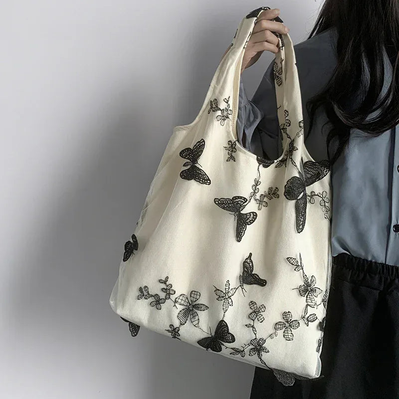 Embroidered Black Butterfly Canvas Bag - Viexta