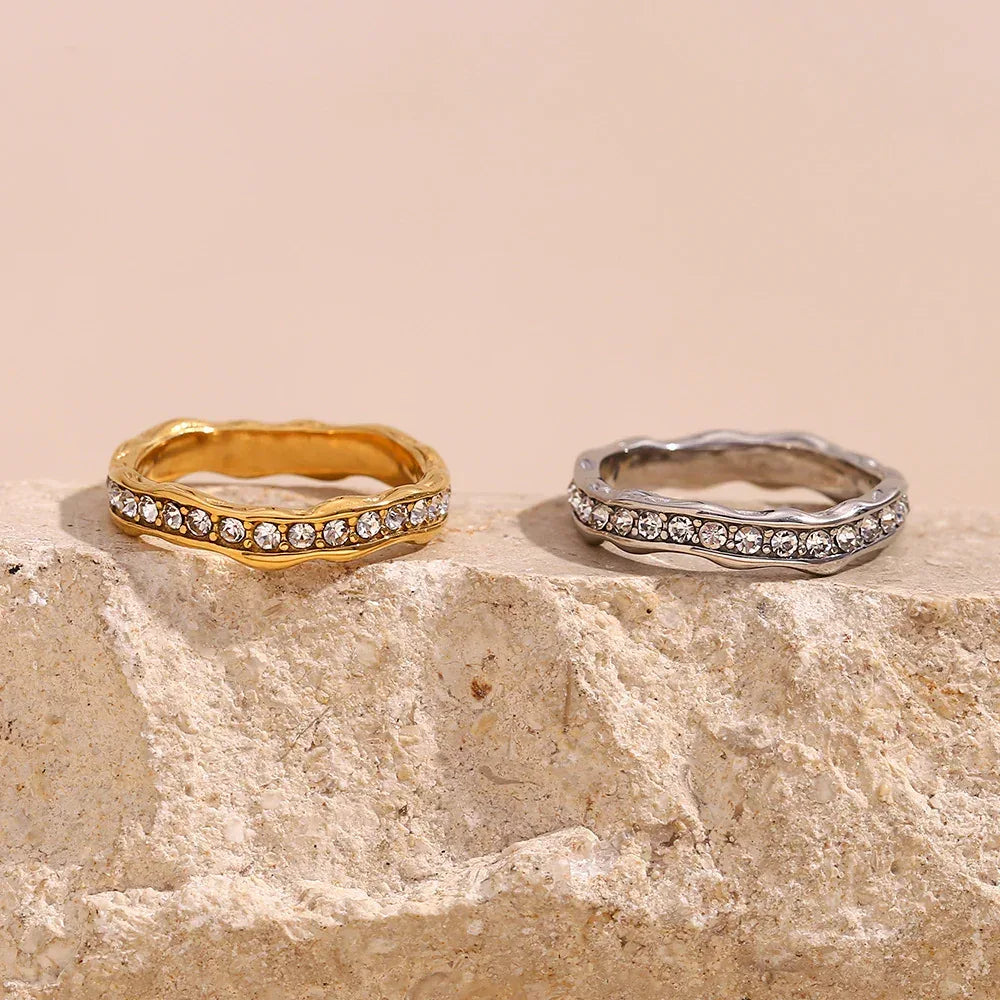Stainless Steel Gold Plating Wave Diamond Ring - Viexta