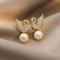 Sterling Silver Needle Korean Swan Zircon Pearl Stud Earrings - Viexta