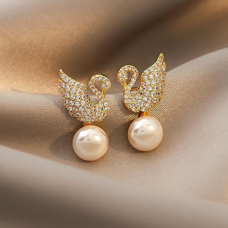 Sterling Silver Needle Korean Swan Zircon Pearl Stud Earrings - Viexta