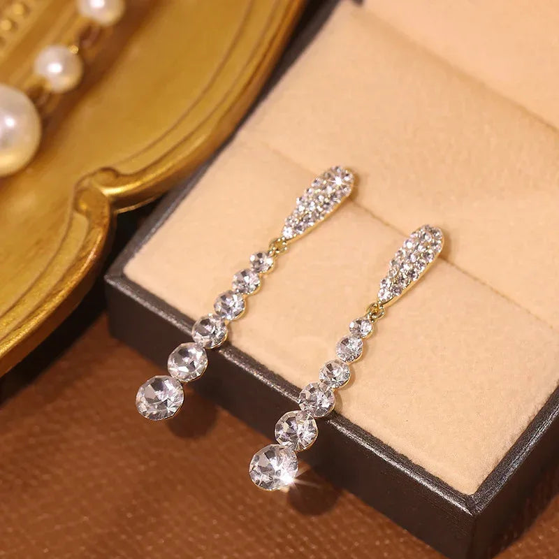 Sterling Silver Rhinestone Tassel Earrings - Viexta