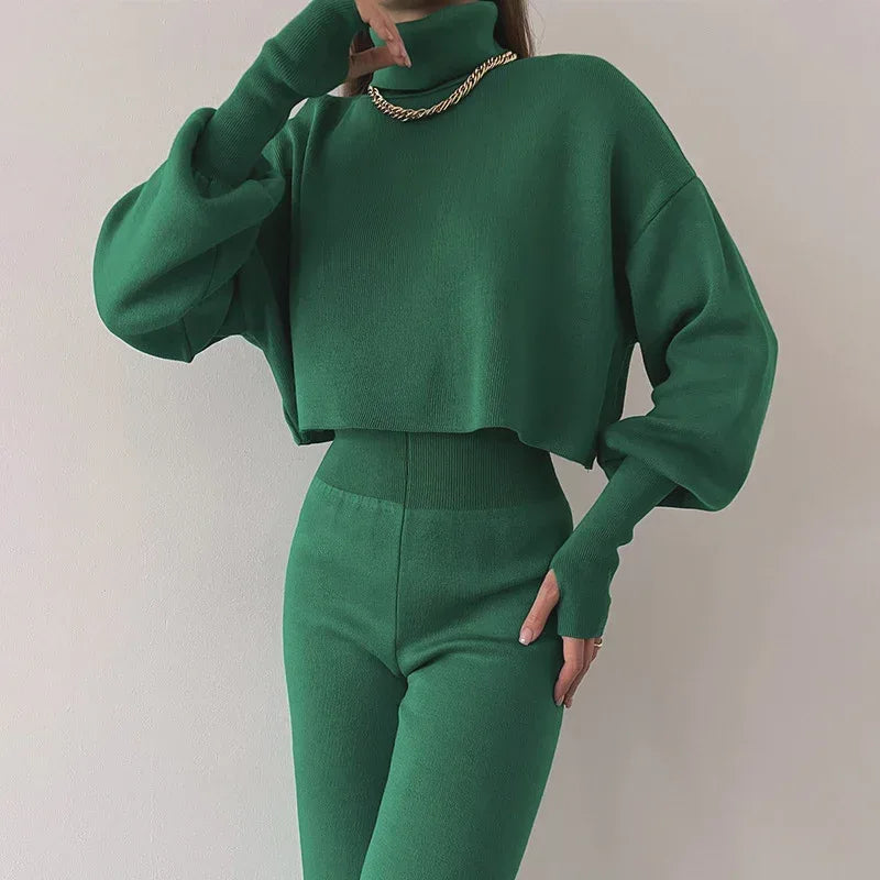 Autumn And Winter New European And American Turtleneck Loose Long Sleeve Top Female Casual Fashion Set - Viexta