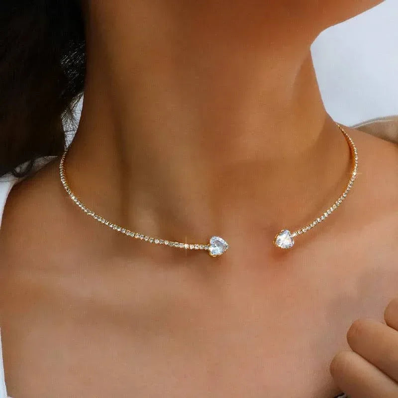 Rhinestone Heart Collar Choker Necklace - Viexta