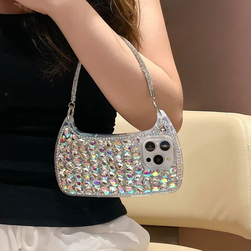Three-dimensional Glass Rhinestone Small Handbag iPhone Cover - Viexta