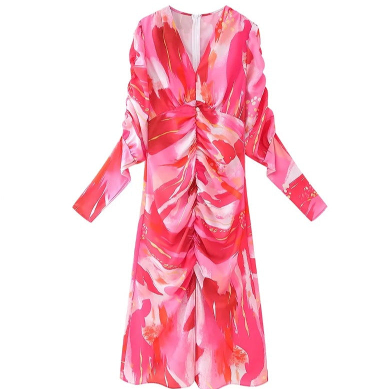 Women's Pleated Print Long Sleeve Dress