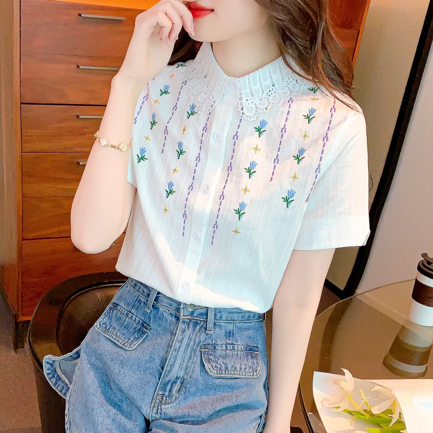 Cotton Embroidered Short-sleeved Top