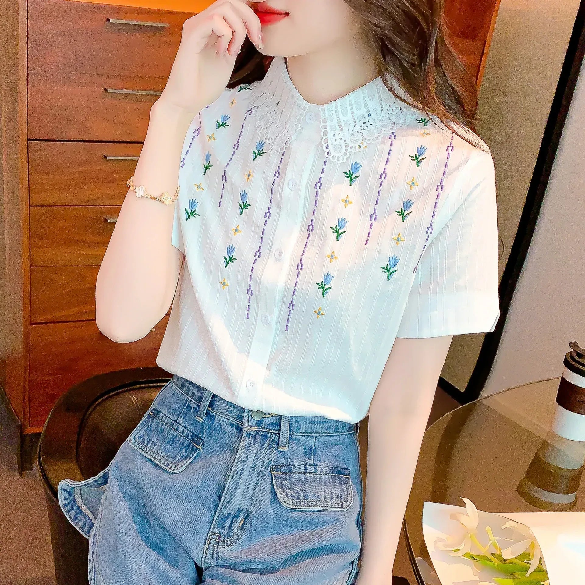 Cotton Embroidered Short-sleeved Top - Viexta