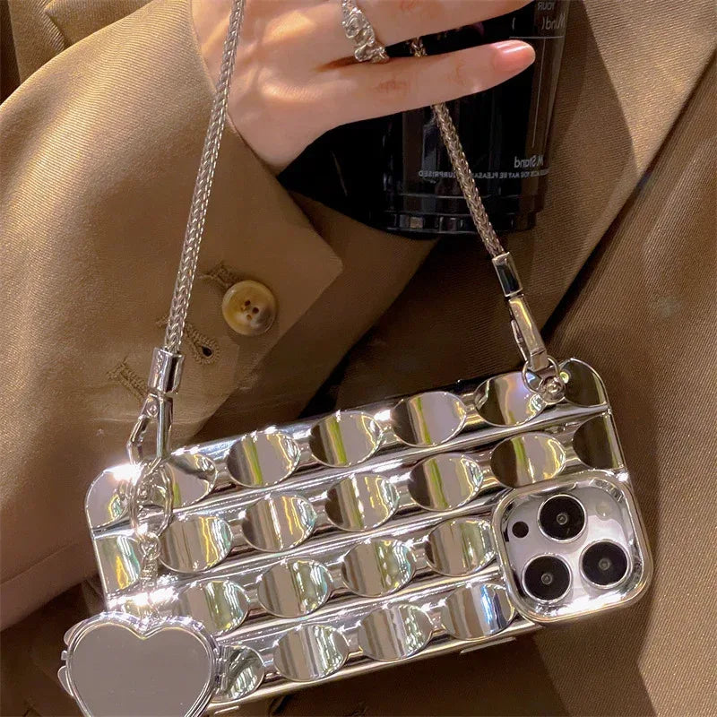 Silver Heart Shape Mirror Chain iPhone Case - Viexta