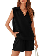 Solid Sleeveless V-neck T-shirt with Shorts Suit - Viexta