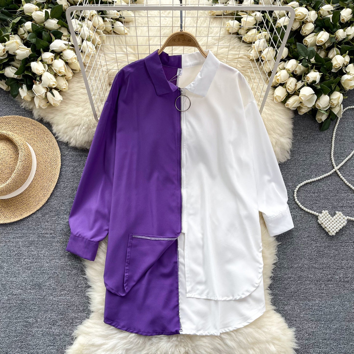 Idle Style Mid-length Color Matching Shirt