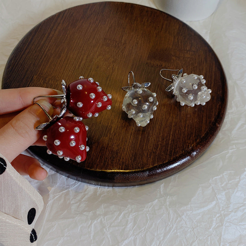 Small Tea Red Strawberry Pearl Resin Earrings