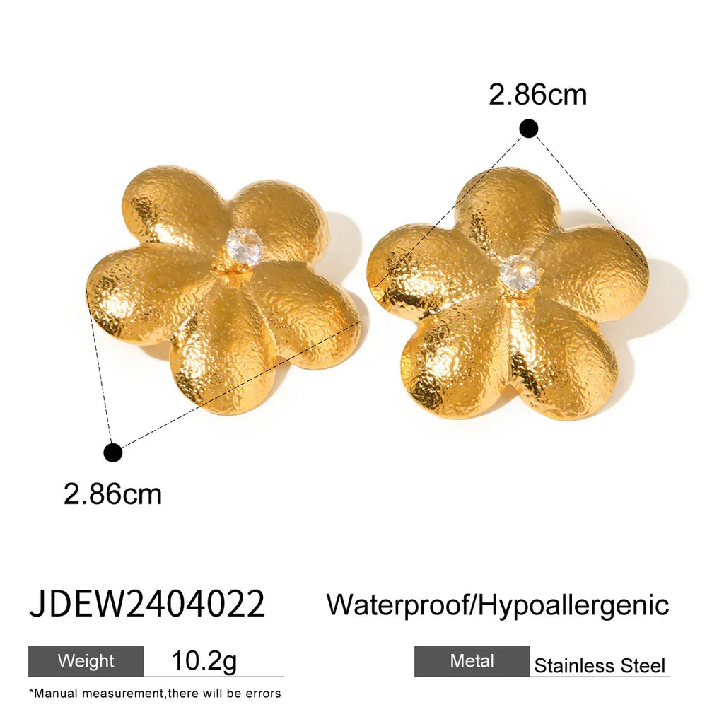 18K Stainless Steel Brushed Flower Rhinestone Earrings - Viexta