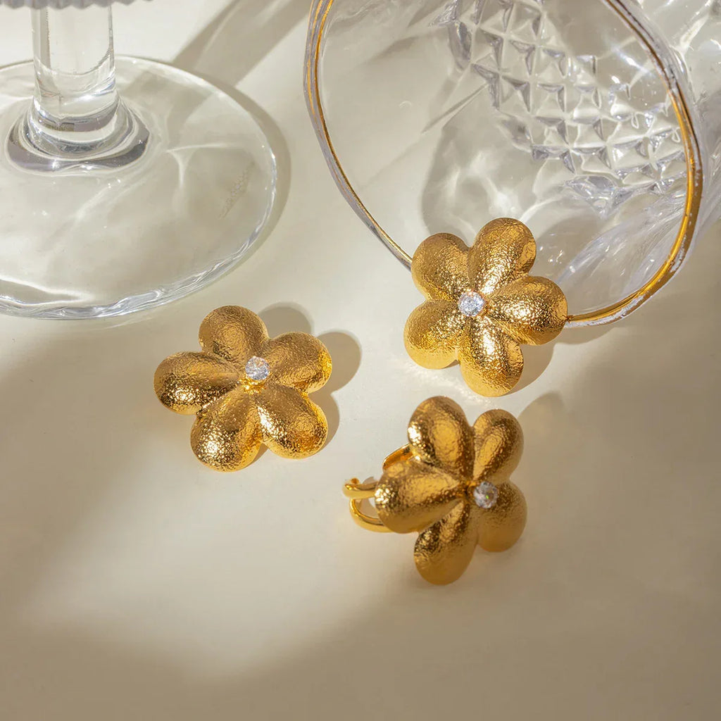 18K Stainless Steel Brushed Flower Rhinestone Earrings - Viexta
