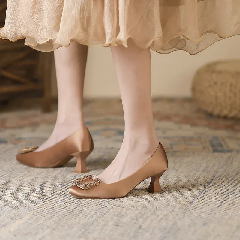 Square Toe Satin Surface High Heels - Viexta