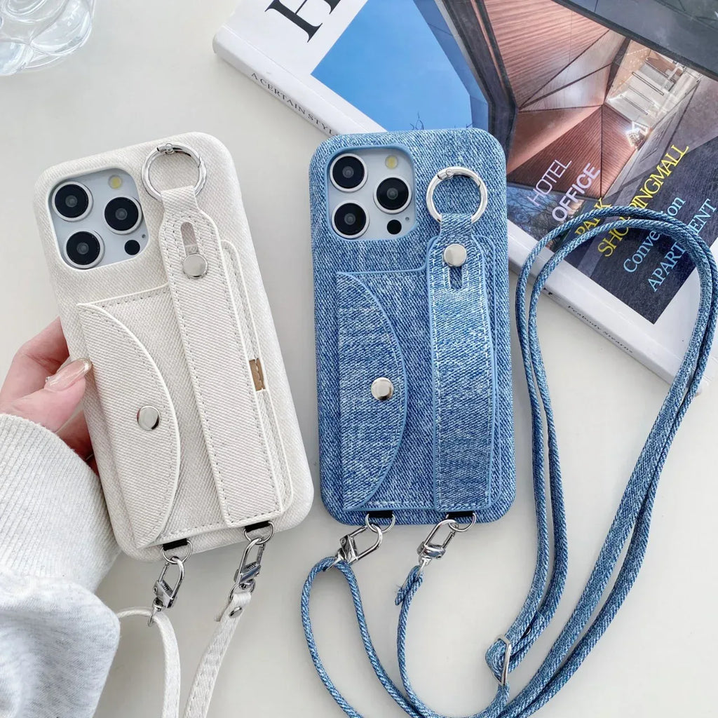 Leather Denim Pattern Wrist Strap iPhone Case - Viexta