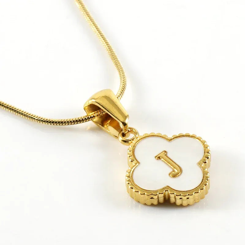 Stainless Steel Clover Shell Letter Pendant with Chain - Viexta