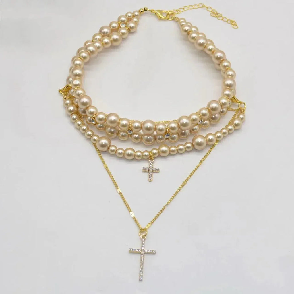 Women's Multi-layer Pearl Cross Necklace - Viexta