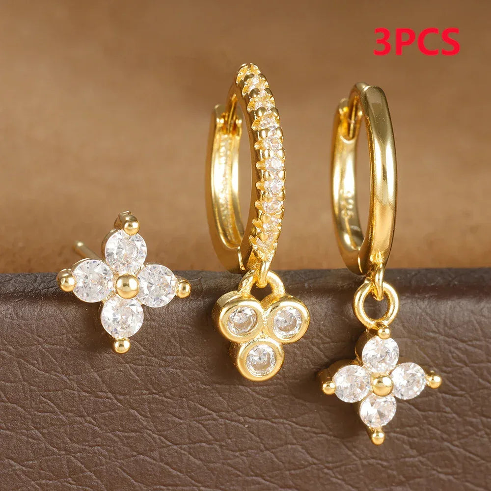 3piece Luxury Flowers Zircon Plated Studs - Viexta