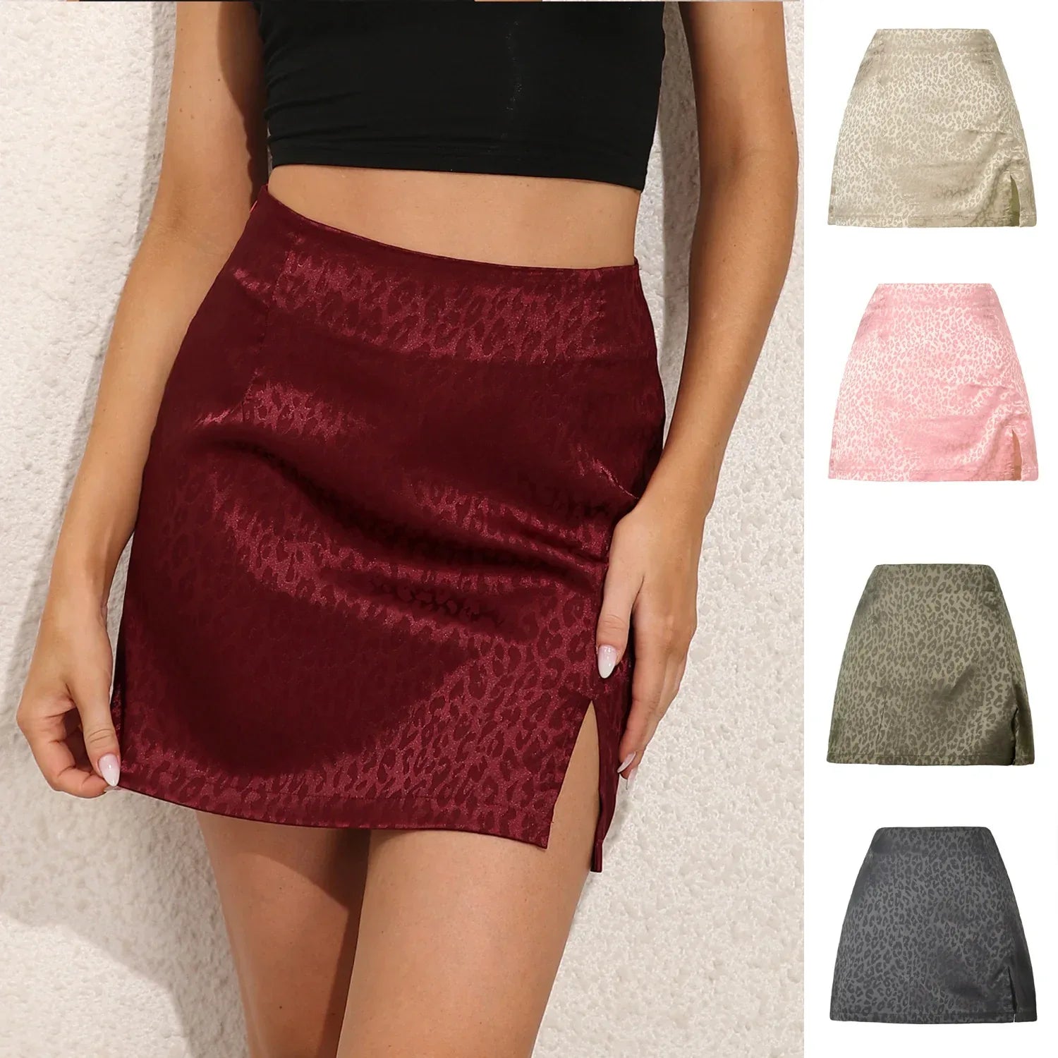 Leopard Print High Waist Slit Short Skirt - Viexta