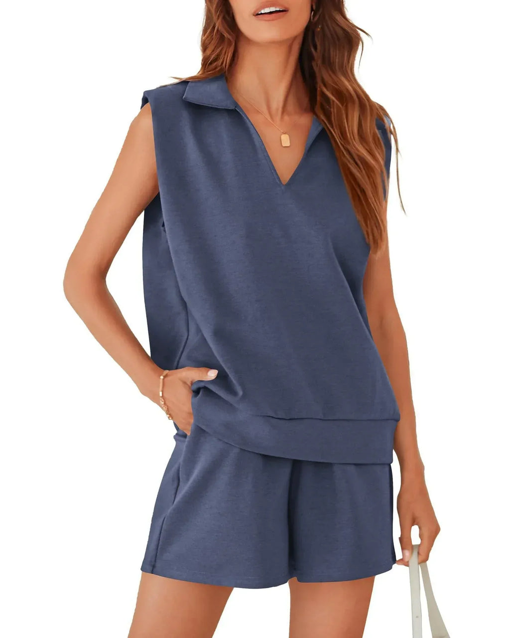 Solid Sleeveless V-neck T-shirt with Shorts Suit - Viexta