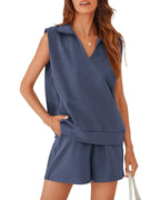 Solid Sleeveless V-neck T-shirt with Shorts Suit - Viexta