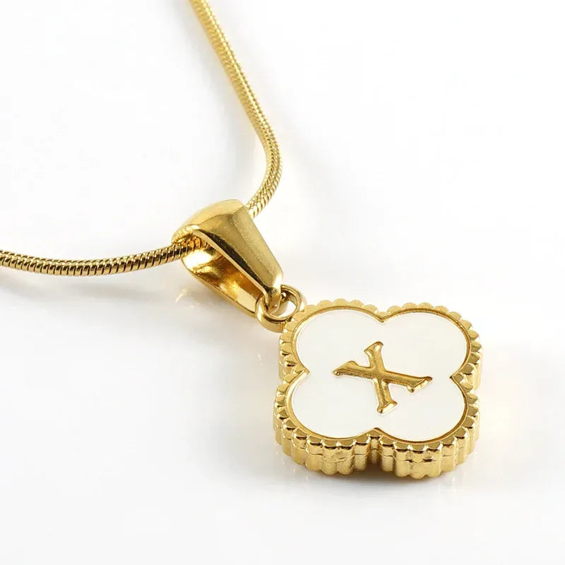 Stainless Steel Clover Shell Letter Pendant with Chain - Viexta