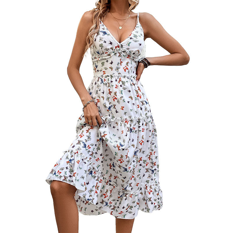 Summer V-neck Strap Printed Dress