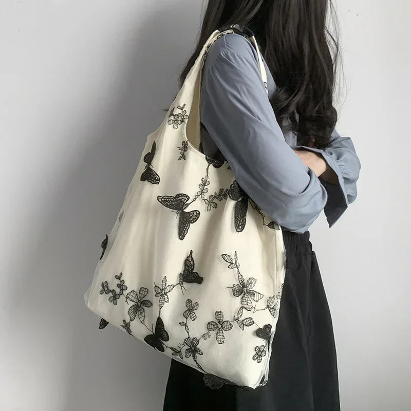Embroidered Black Butterfly Canvas Bag - Viexta