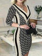 Geometric Pattern Three-quarter Sleeve Dress - Viexta