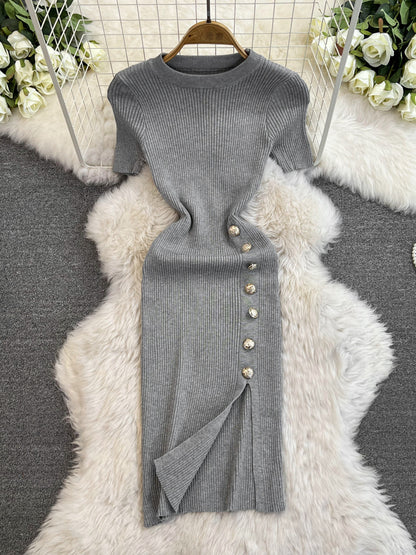 Solid Color Round Neck Knitted Slit Sheath Dress