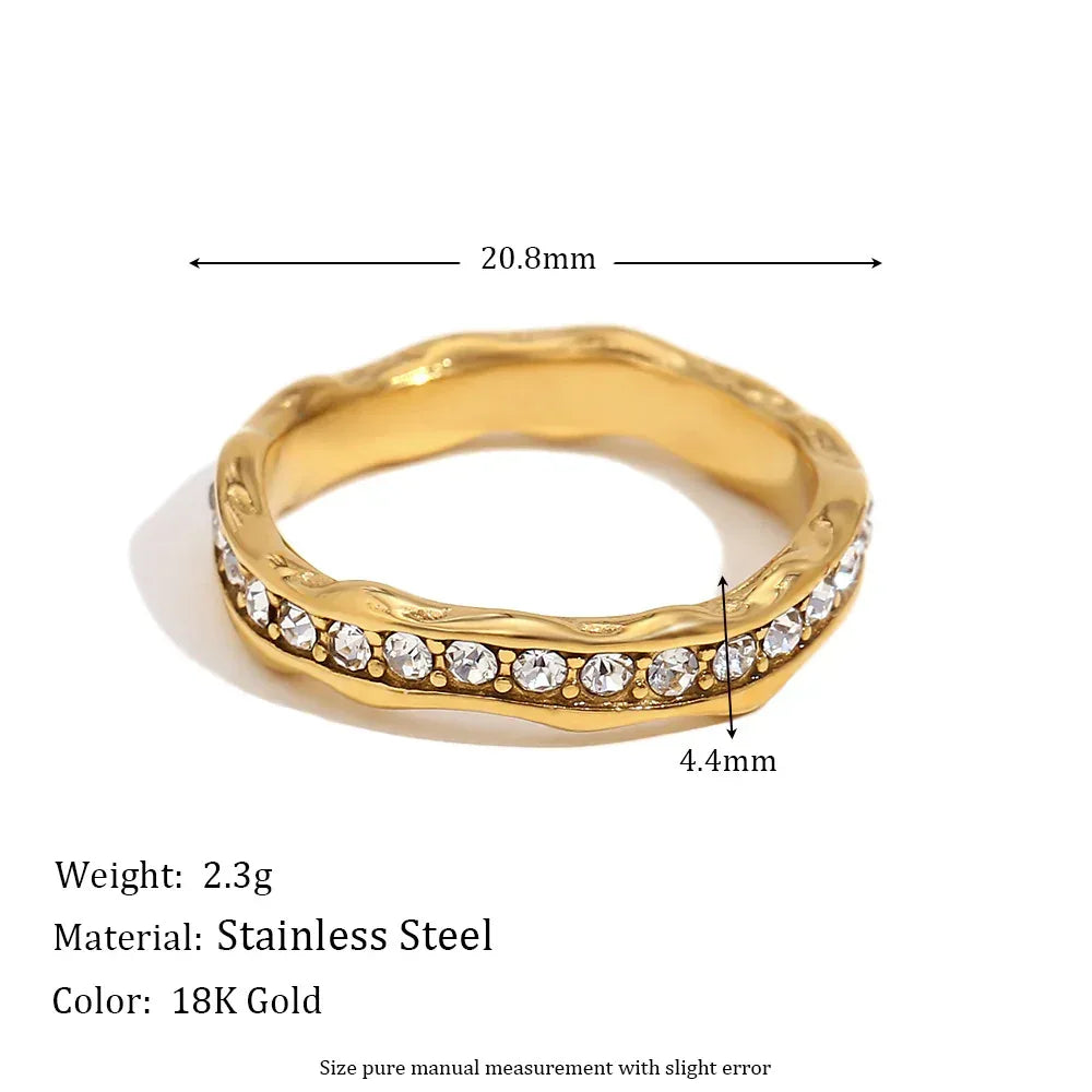 Stainless Steel Gold Plating Wave Diamond Ring - Viexta