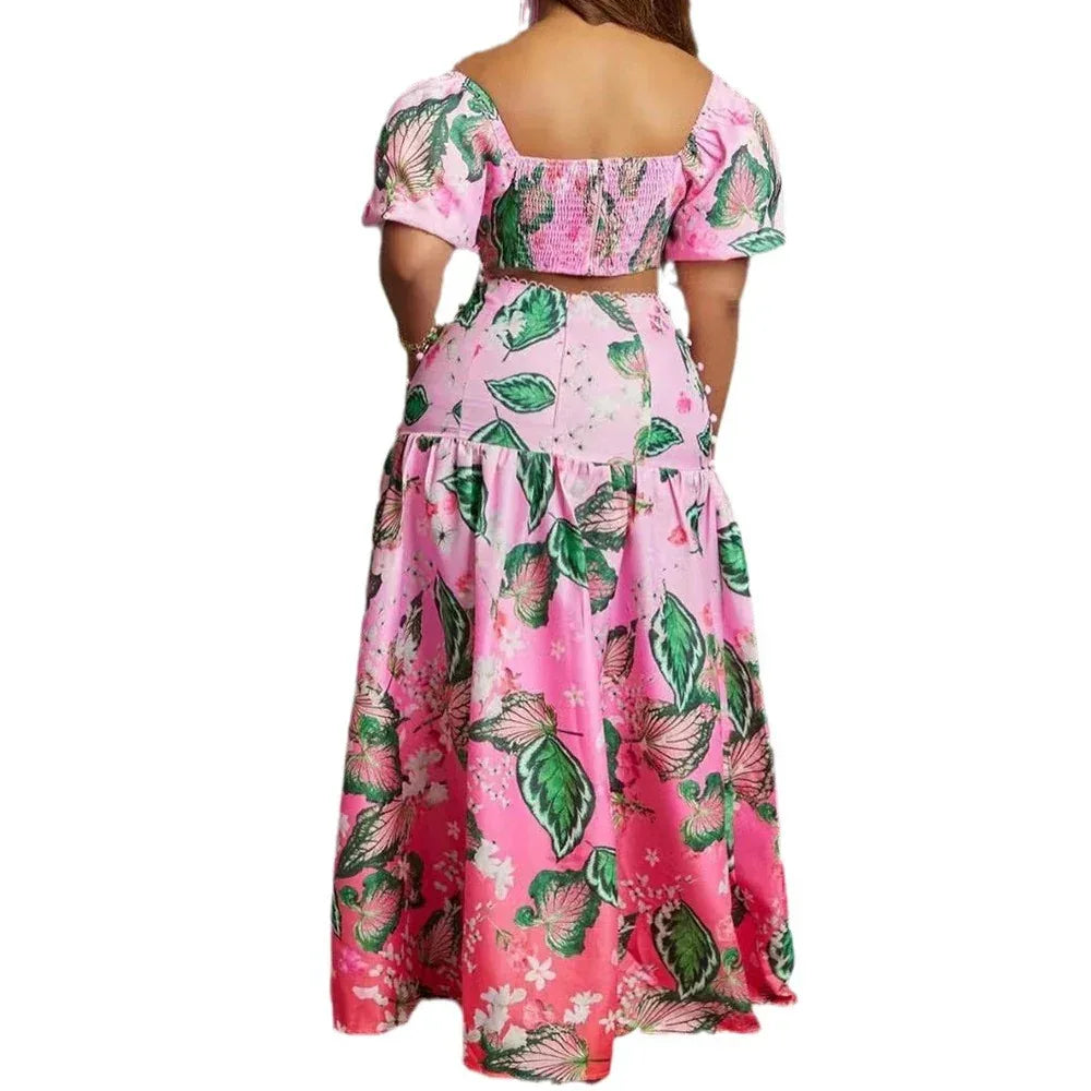 Casual Wild Leaves Gradient Printing Two-piece Dress - Viexta