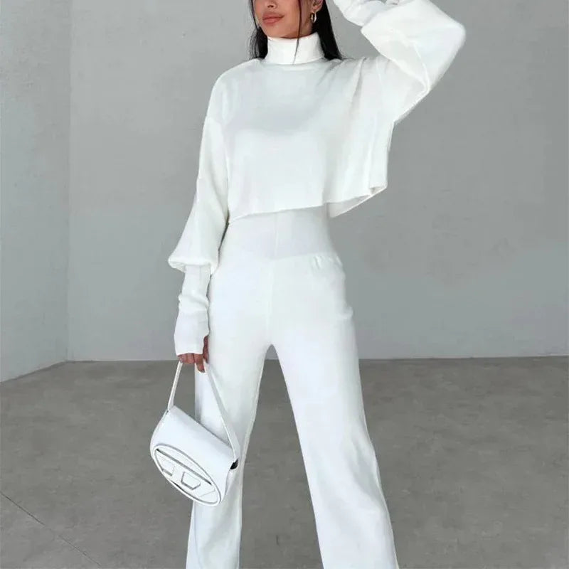 Autumn And Winter New European And American Turtleneck Loose Long Sleeve Top Female Casual Fashion Set - Viexta