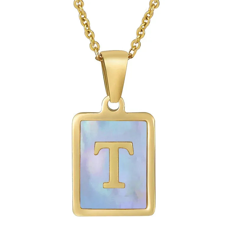 Titanium Steel 26 English Letter Blue Shell Necklace - Viexta