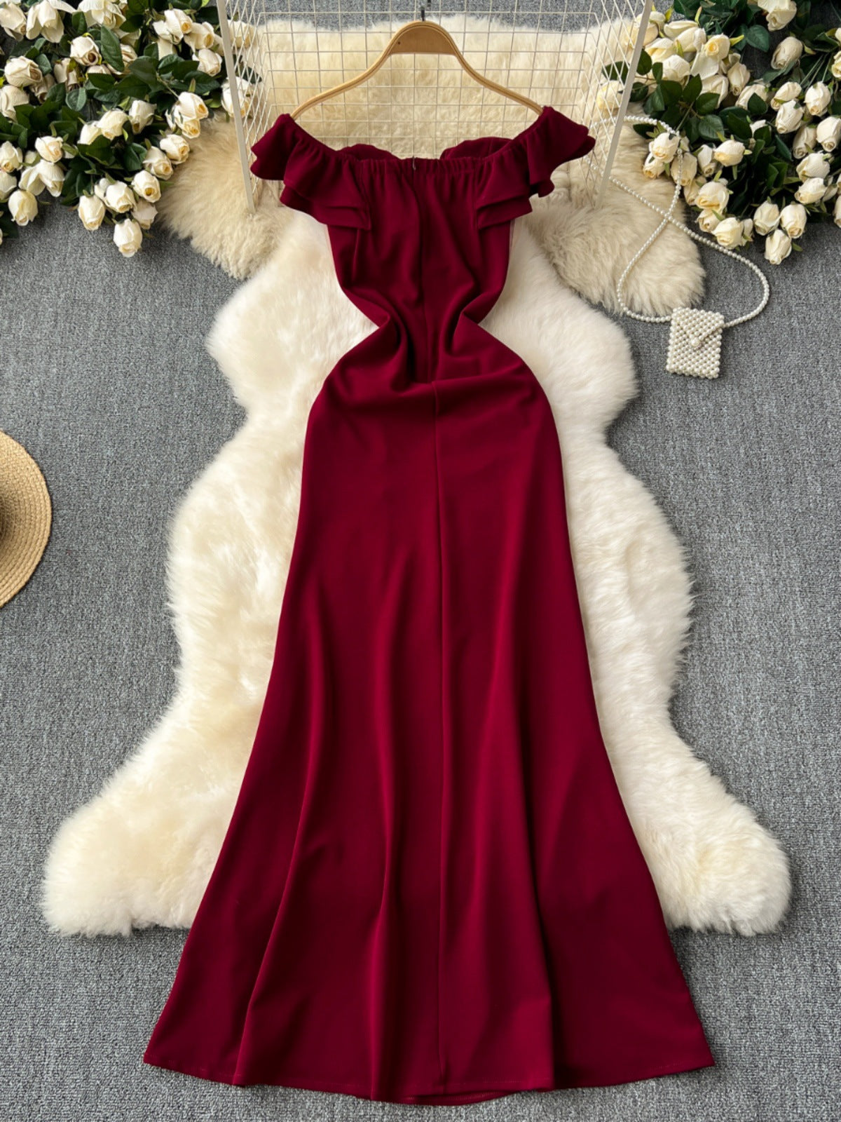 Ruffled Patchwork Waist-slimming High Slit Cocktail Dress