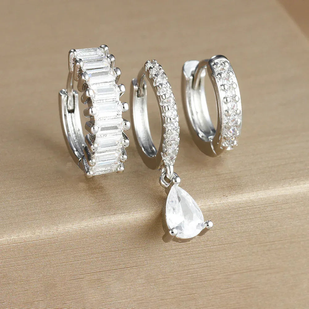 3piece Water Drop Diamond Gold Plated Earrings with Helix - Viexta