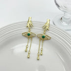 Retro Exaggerated Finger Turquoise Eyes Tassel Earrings - Viexta