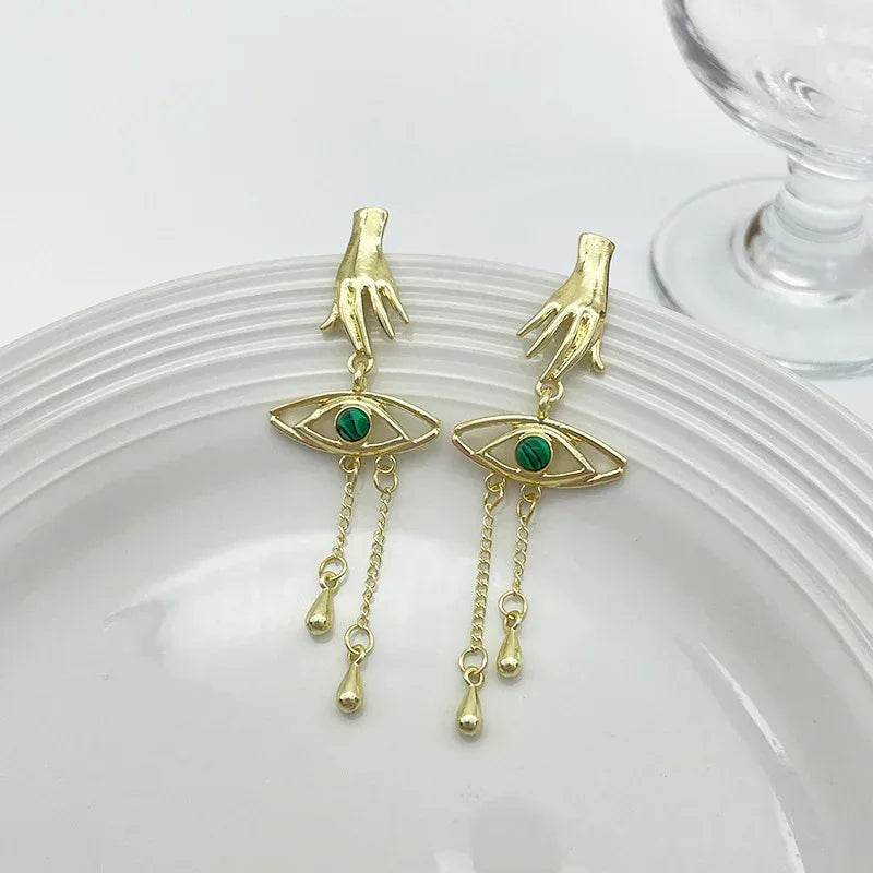 Retro Exaggerated Finger Turquoise Eyes Tassel Earrings - Viexta