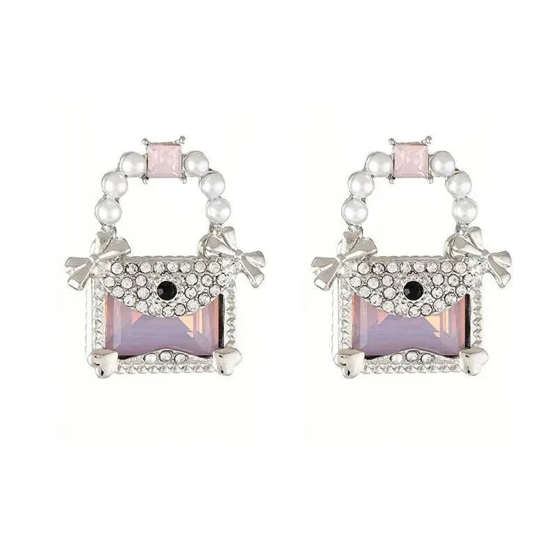 Jelly Square Crystal Bow Silver Stud Earrings - Viexta