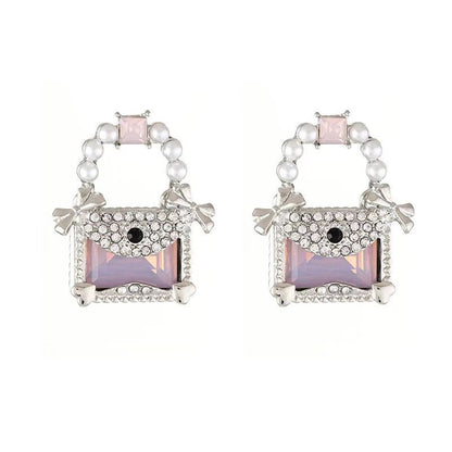 Jelly Square Crystal Bow Silver Stud Earrings