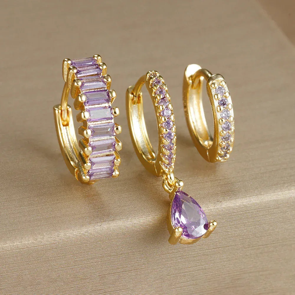 3piece Water Drop Diamond Gold Plated Earrings with Helix - Viexta